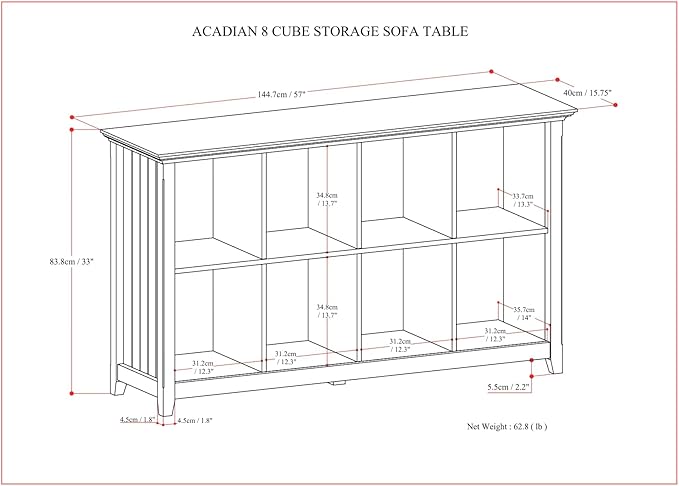 SIMPLIHOME Acadian Console Table - 57 Inch Wide Solid Wood 8-Cube Storage Sofa Table in Black, Transitional Storage Unit for Living Room or Bedroom with Grooved Side Panels and Tapered Legs
