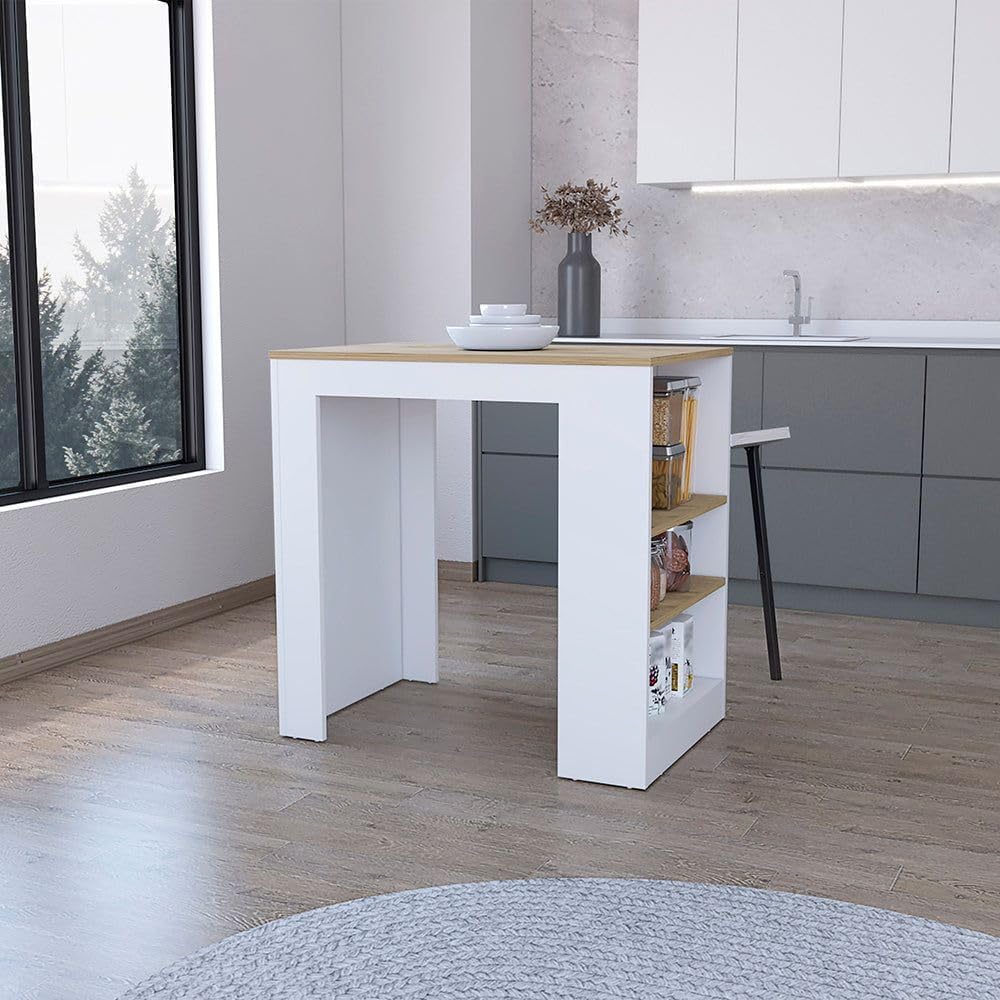 FM FURNITURE White Kitchen Island Counter Height Table Top with 3-Side Shelf,...