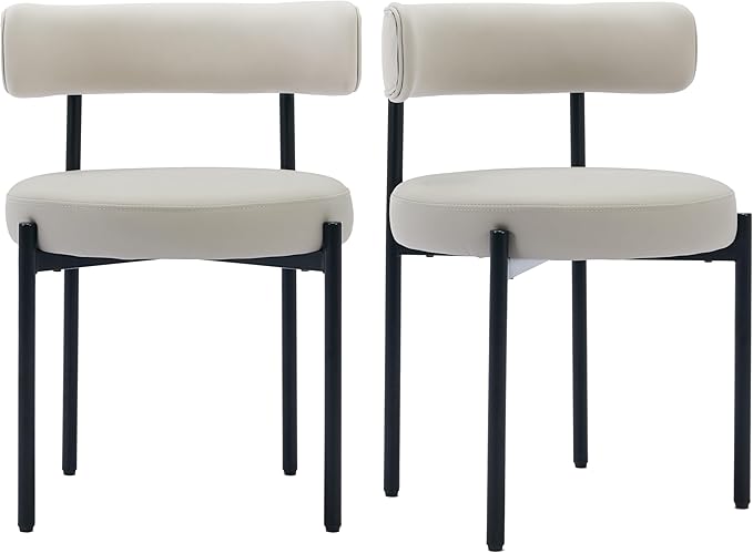 Faux Leather Dining Chairs Set of 2, Upholstered Kitchen and Dining Room Chairs, Mid-Century Modern Dining Chairs with Round Back and Black Metal Legs, Vegan Leather, Beige Grey