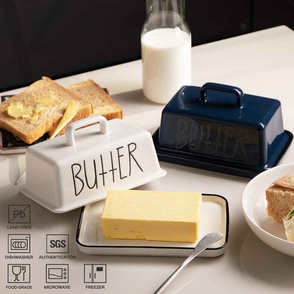Sweejar Ceramic Butter Dish with Handle Lid, 7.3 Inch Porcelain Large Butter Keeper with Cover, Perfect for East/West Butter (Navy)