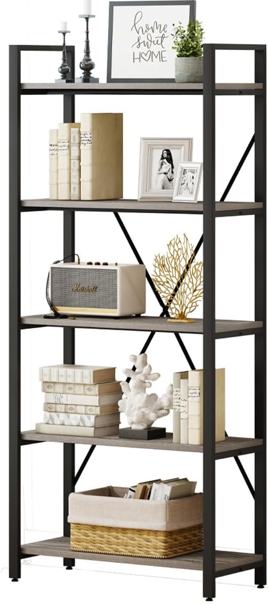 Industrial Bookshelf, Etagere Bookcases and Book Shelf 5 Tier Shelves, Grey W...