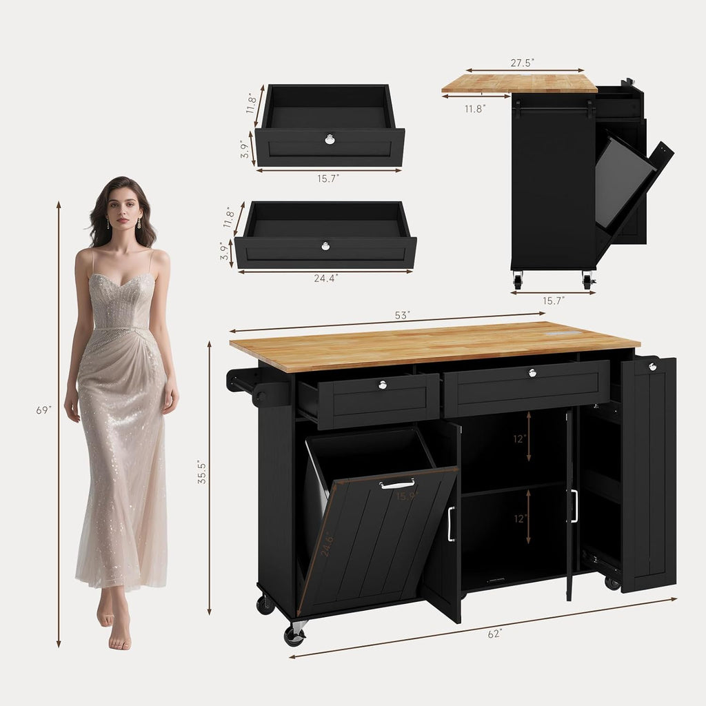ONBRILL Kitchen Island with Storage, Island Table with Drop Leaf and Power Outlet, Kitchen Island on Wheels with Trash Cabinet, Spice Rack & Towel Rack, Black