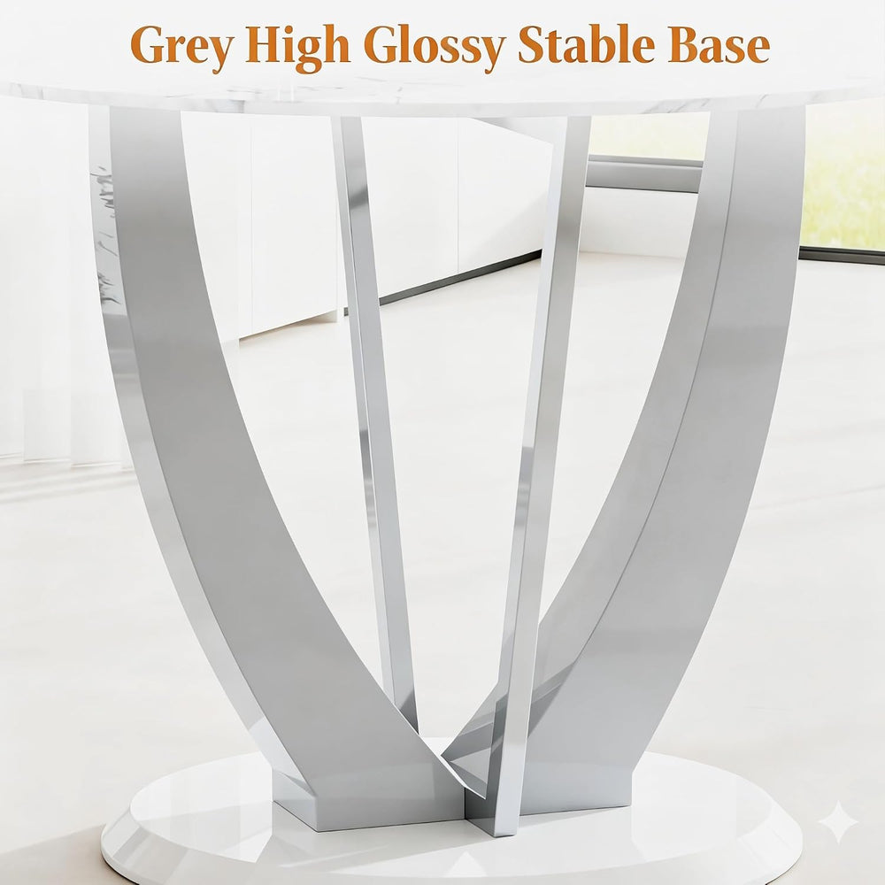 47" Grey Glass Round Dining Table Set for 4, Faux Marble Kitchen Table w...