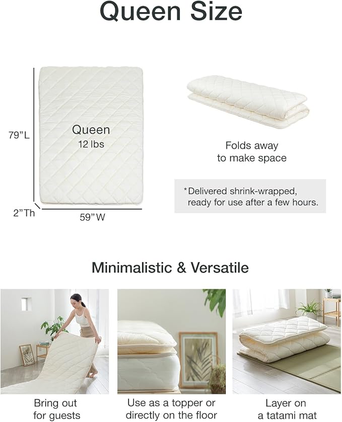 FULI Japanese Futon, Foldable & Portable Floor Lounger Bed, Roll Up Sleeping Pad, Shikibuton, Made in Japan (White, Queen)