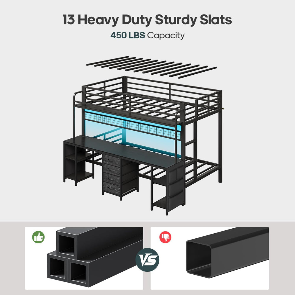 ADORNEVE Bunk Bed Twin Over Twin with 2 Person Desk, LED Lights, Black