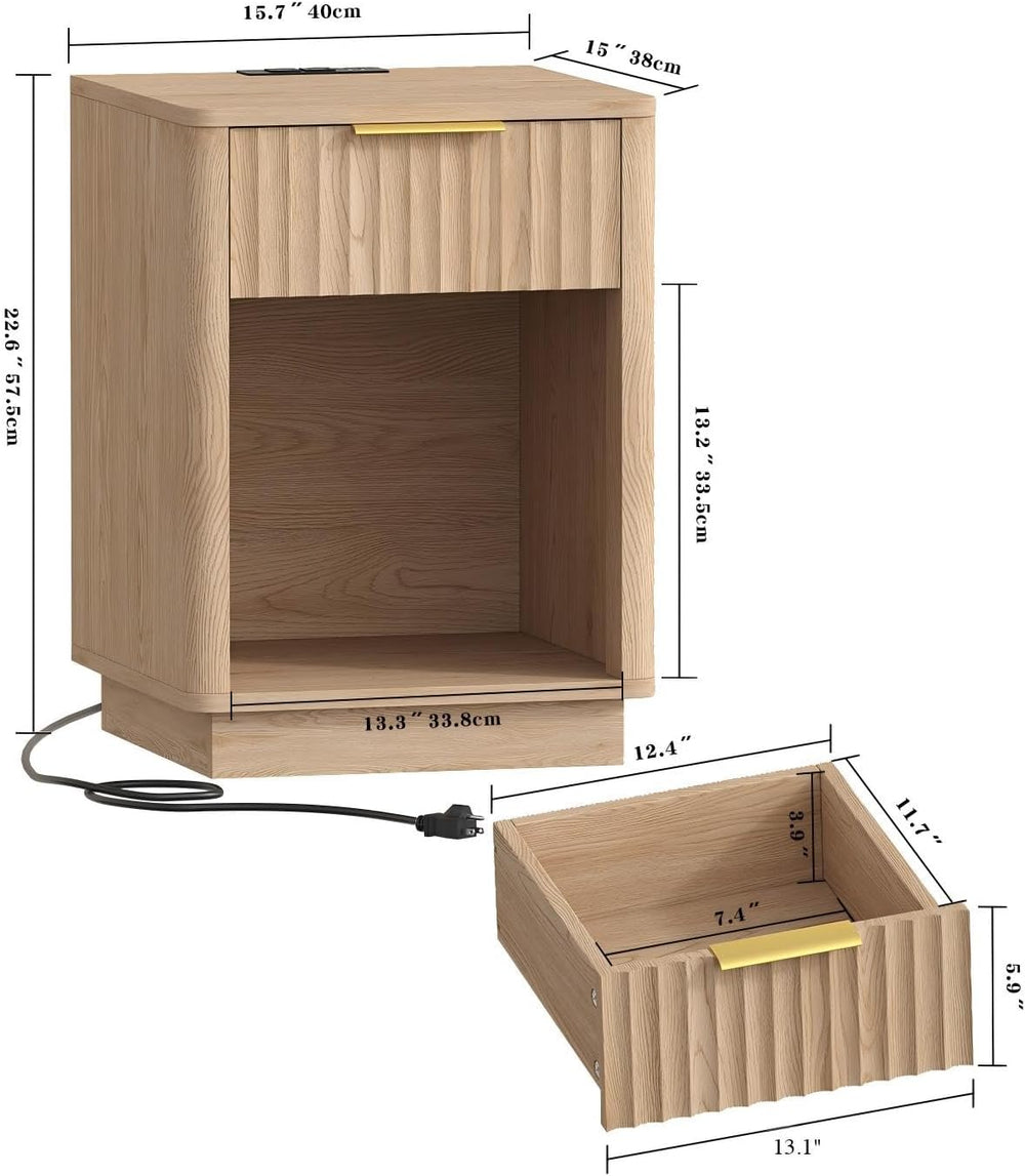Akxomel Fluted Nightstand Set 2 Bedside Table with Charging Station Oak | Woo...