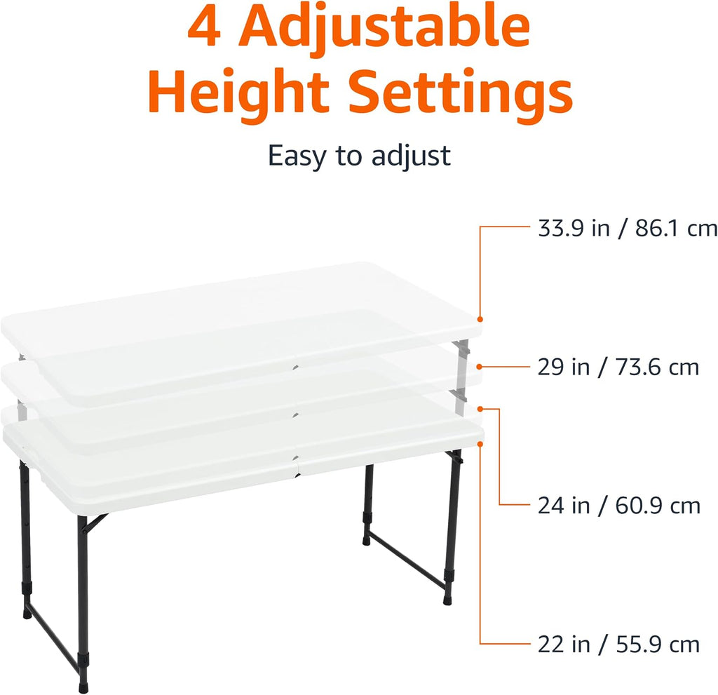 Amazon Basics Portable 4 Foot Rectangular Folding Dining Table, 4 Adjustable Height Settings, Carrying Handle, Indoor & Outdoor, Sturdy for Events, White, 47.8 x 23.9 x 33.9 in