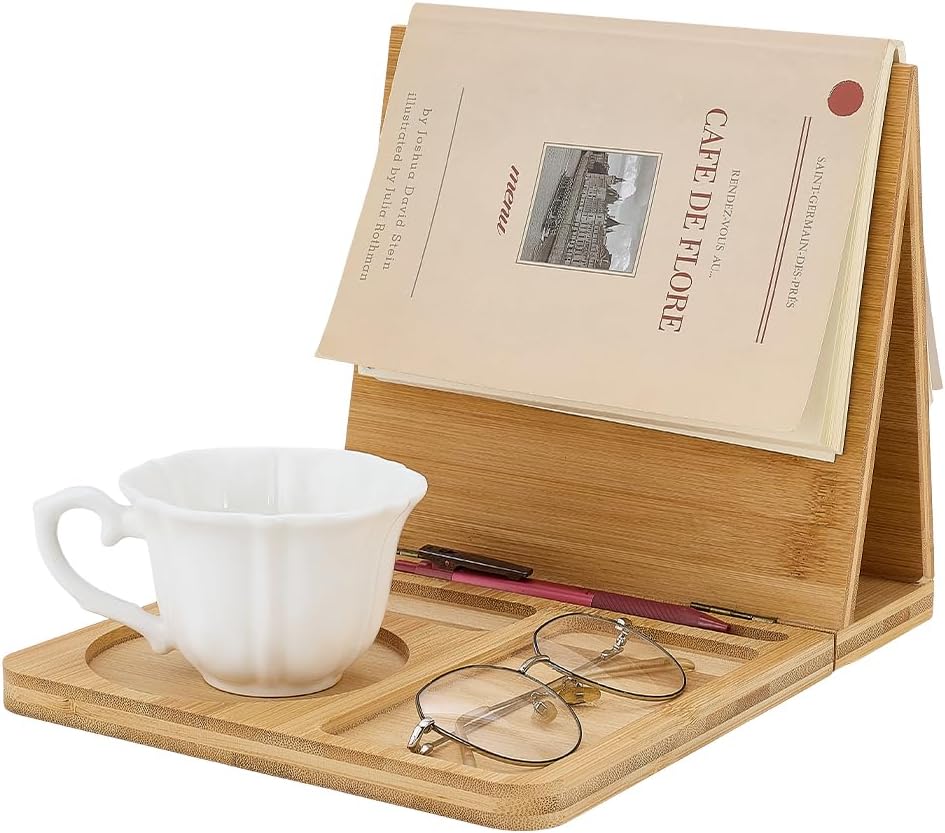 PH PandaHall Wooden Book Stand for Reading Rest Triangle Book Holder with Cup Pen Phone Glasses Organizer Foldable Reading Rest Rack for Book Lover Readers Office Bedroom Nightstand Desktop