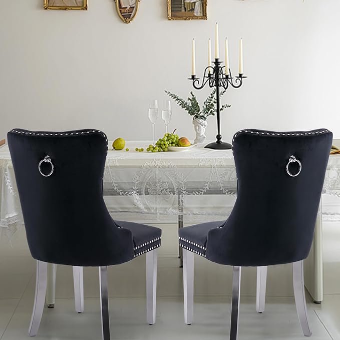 Velvet Upholstered Dining Chairs Set of 2, Modern Style Kitchen Side Chairs with Nailhead Trim and Silver Plated Leg, Metal Pulling Ring for Dining Room Living Room(Black,Set of 2)