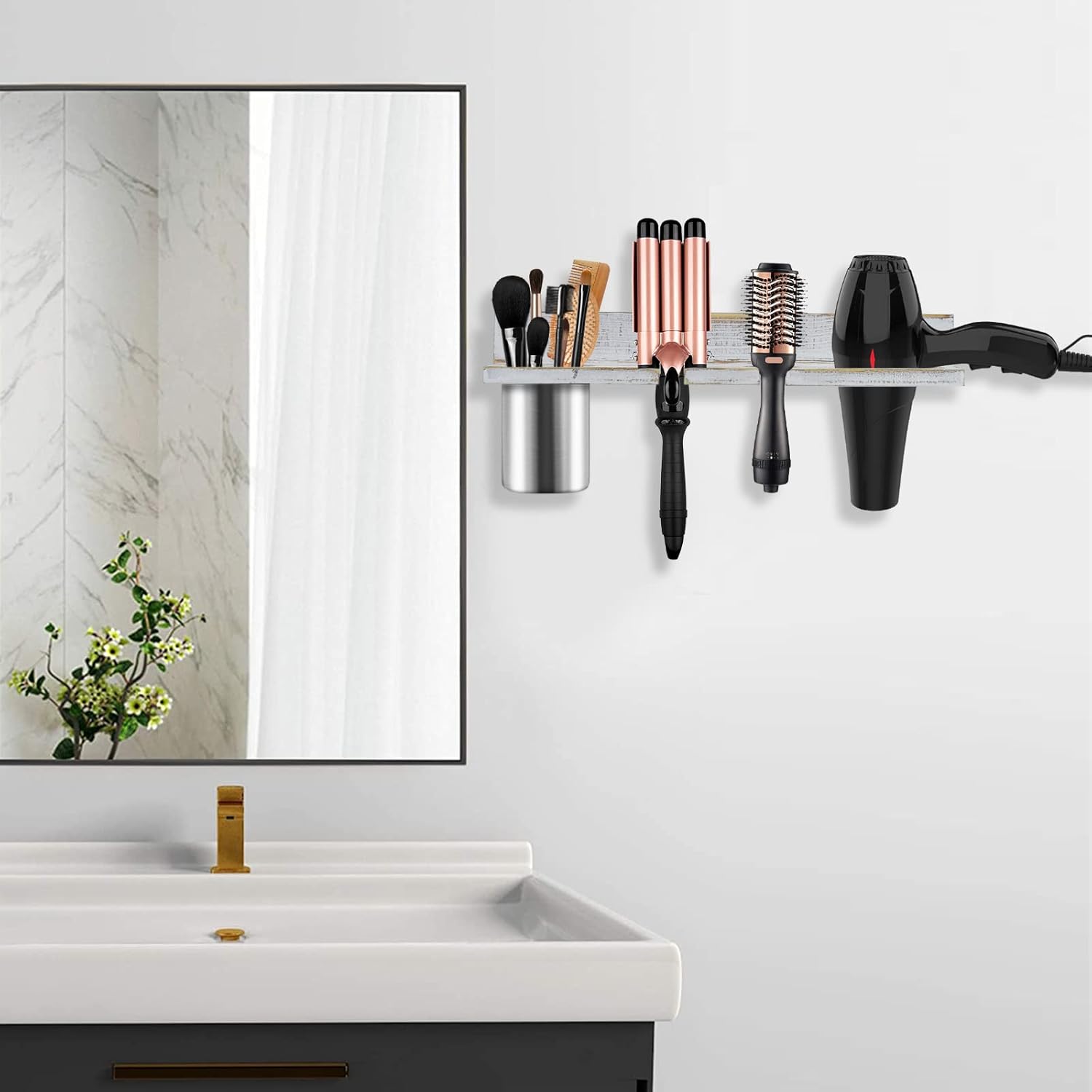 Hair Tool Organizer Wall Mounted, Sturdy Pine Wood Construction, Removable Stainless Steel Cup, Holds Hair Dryers, Straighteners, Curling Irons, Brushes, and More, White