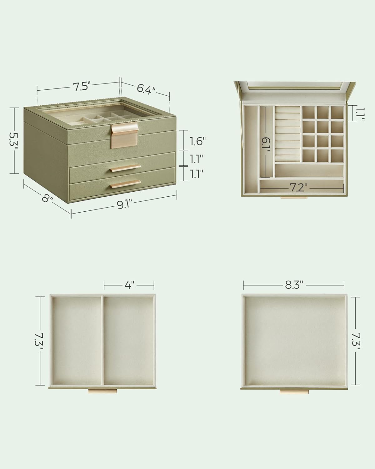 SONGMICS Jewelry Box Organizer with Glass Lid, 3-Layer Jewelry Storage, with 2 Drawers, Modern Style, Christmas Gift, 8 x 9.1 x 5.3 Inches, Avocado Green and Gold Color UJBC239C02