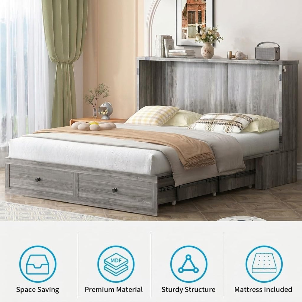 Mjkone Queen Size Murphy Bed with Tri-Folding Mattress, Farmhouse Murphy Cabi...