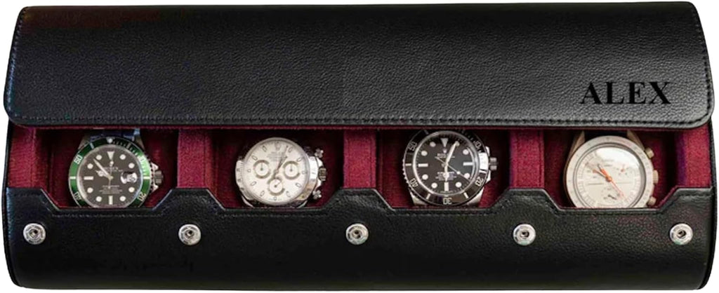 DailyWatch | Personalized Watch Roll Travel Case For 4 Watches - Handmade Genuine Leather Travel Case With Custom Engraving of Name or Initials - Black Cherry