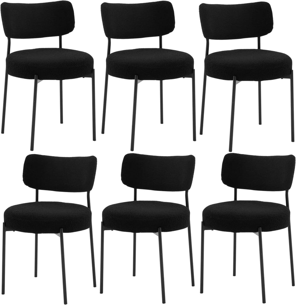 Black Boucle Dining Chairs Set of 6, Upholstered Dinner Chair with Metal Fram...