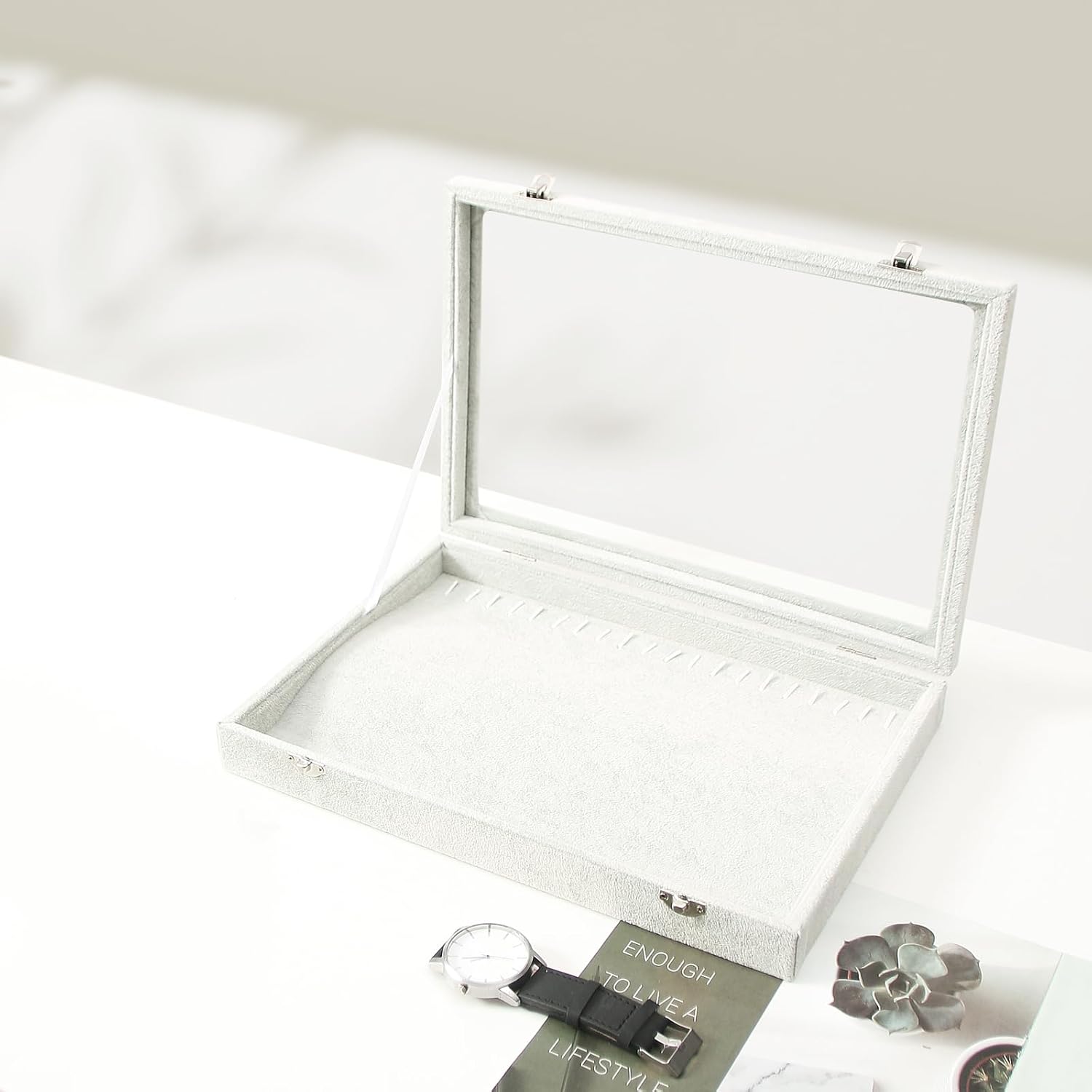 Coward 20 Hooks Necklace Organizer Jewelry Box, Grey Beige Velvet Necklace Display Tray Case with Transparent Glass Lid for Home Use or Store Selling Show