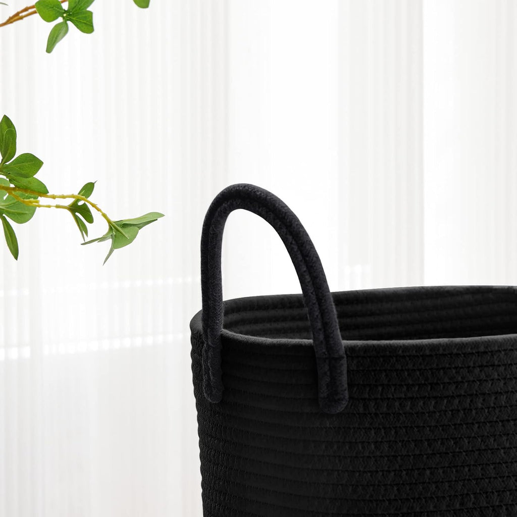 VIPOSCO Large Laundry Hamper, Tall Woven Rope Storage Basket for Blanket, Toys, Dirty Clothes in Living Room, Bathroom, Bedroom - 58L Black