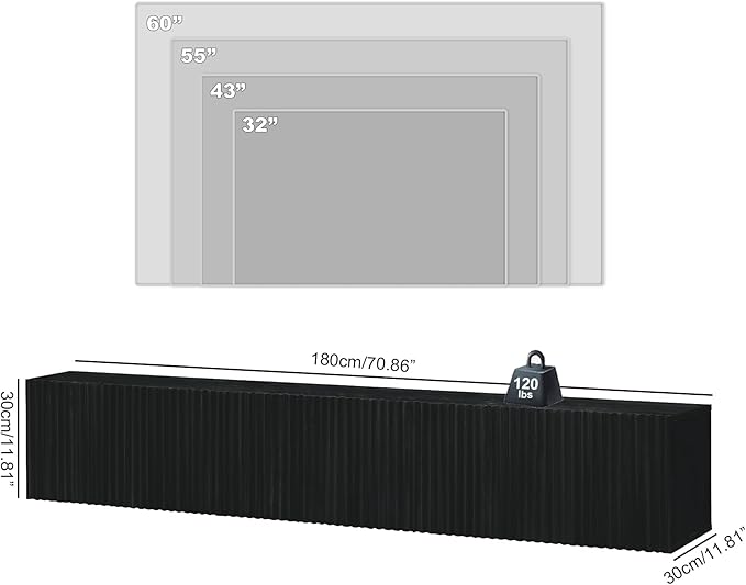 ZYBT Floating TV Stand, Modern Wall Mount Entertainment Center TV Shelf, 70.7" Media Console Under TV Storage Cabinet with Fluted Doors, TV Consoles for Living Room, Floating Cabinet for Wall (Black)