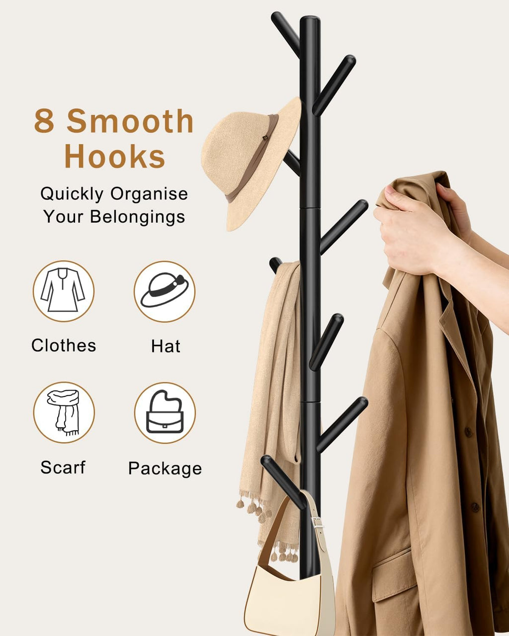 Yawinhe Coat Rack, Sturdy Woode Stand Tree with 8 Hooks, 3 Adjustable Height for Bedroom, Hallway, Entrance, Office, 11.8 x 70.8 inches, Black, 1-Pack, Square Base