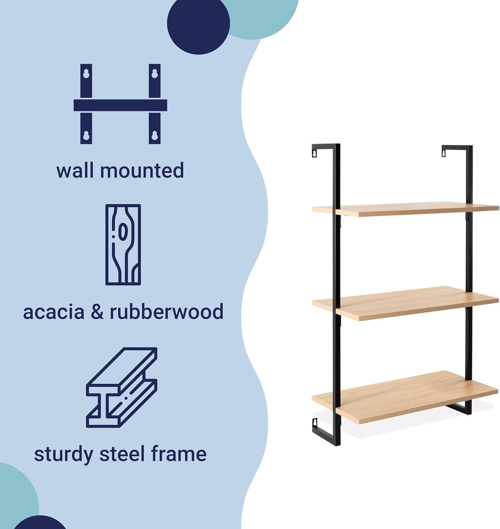 happimess MSH1000B Madera 40.55" Classic Industrial 3-Shelf Wood Wall-Mounted Open Ladder Bookcase with Metal Frame, Light Oak/Black