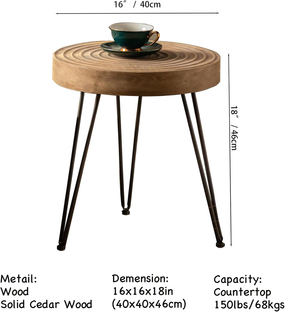 Round Wooden Side Table, 16" Diameter Tall End Table with Grooved Top &a...