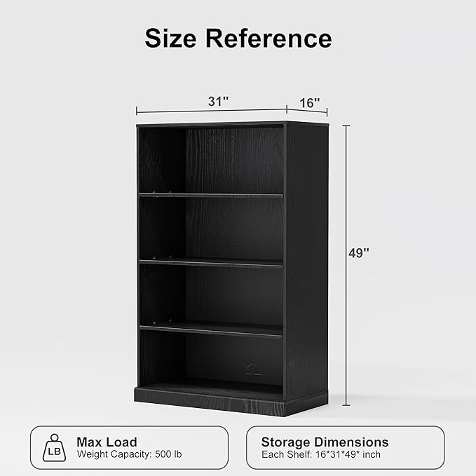 49" Wooden Book Shelf, 2 Shelf Bookcase, Modern Bookshelf with Adjustable Shelf for Home Office, Study Room, Black