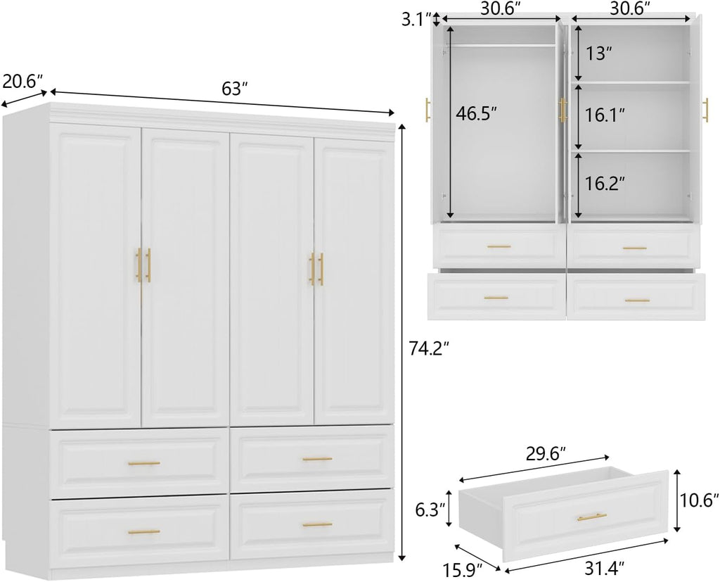 74.2" Tall Closet Storage Cabinet for Bedroom, Almirah for Clothes,White Standing Wardrobe Storage Closet Cabinet with 4 Doors and Shelves, Armoire Wardrobe with 4 Drawers and Hanging Rod