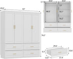 74.2" Tall Closet Storage Cabinet for Bedroom, Almirah for Clothes,White Standing Wardrobe Storage Closet Cabinet with 4 Doors and Shelves, Armoire Wardrobe with 4 Drawers and Hanging Rod