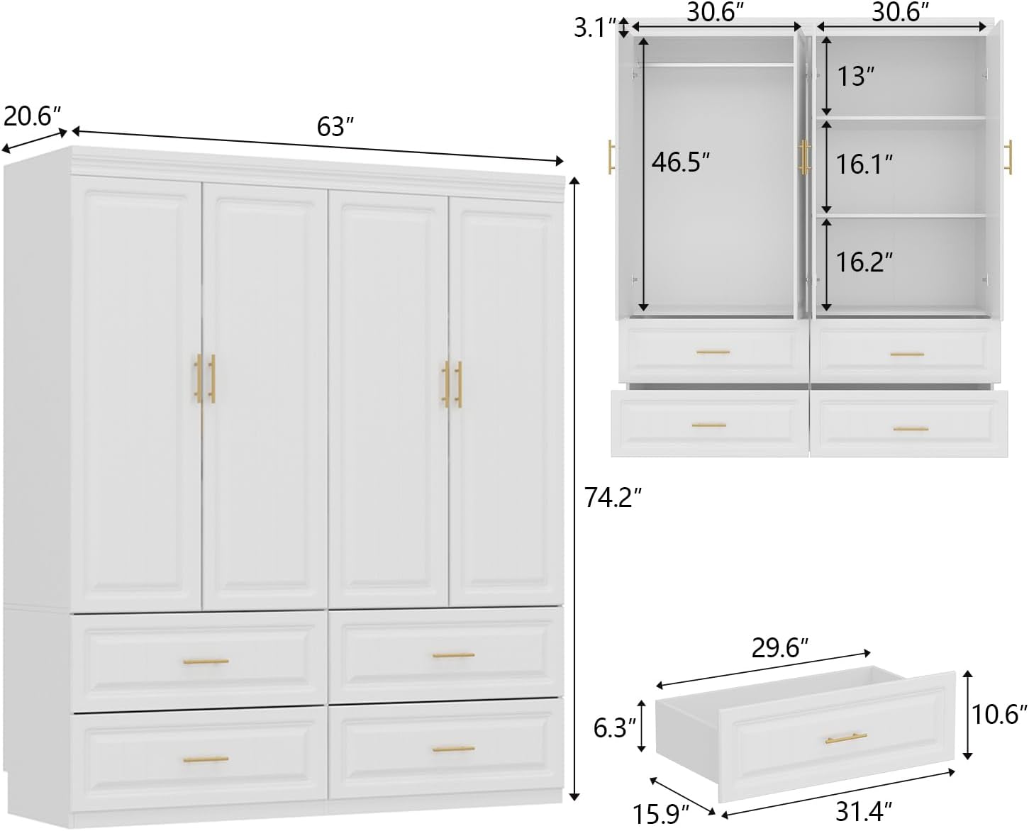 74.2" Tall Closet Storage Cabinet for Bedroom, Almirah for Clothes,White Standing Wardrobe Storage Closet Cabinet with 4 Doors and Shelves, Armoire Wardrobe with 4 Drawers and Hanging Rod