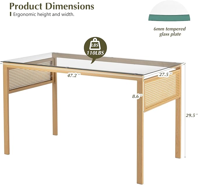 COSVALVE Boho 47 in Dining Table, Tempered Glass Tabletop with Rattan, Metal Legs, for Kitchen Dinner Living Room Reception