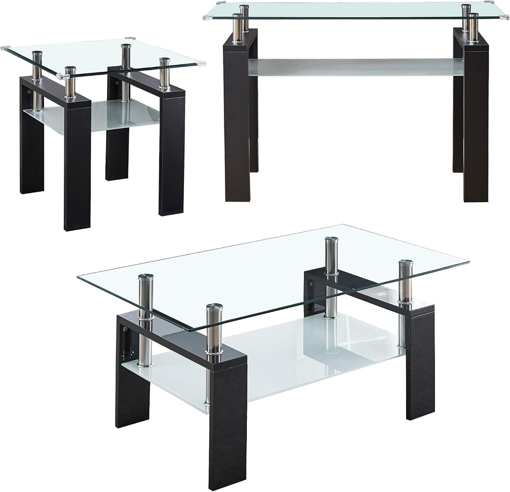 Living Room Set of 3 with Glass Coffee Table, End Table, and Console Table, M...