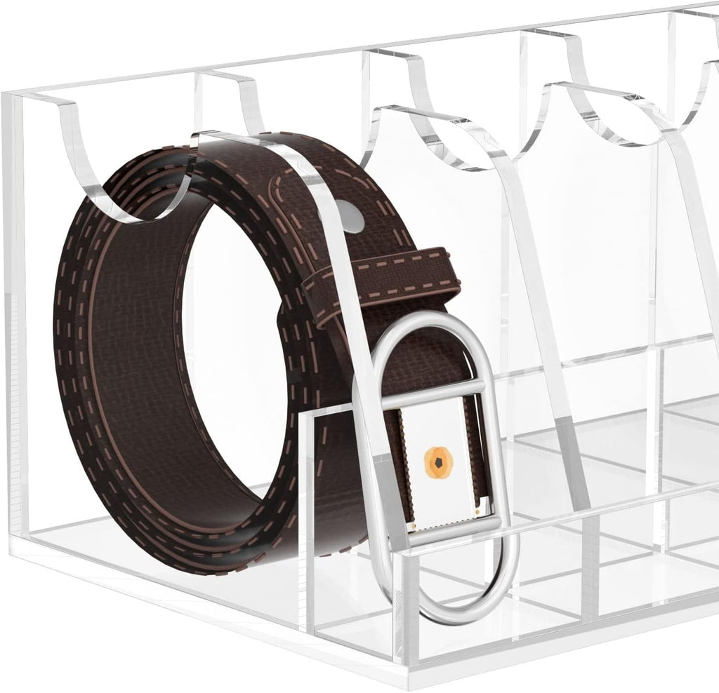 NIUBEE Belt Organizer - Acrylic Belt Storage Holder with 7 Compartments and Display Stand