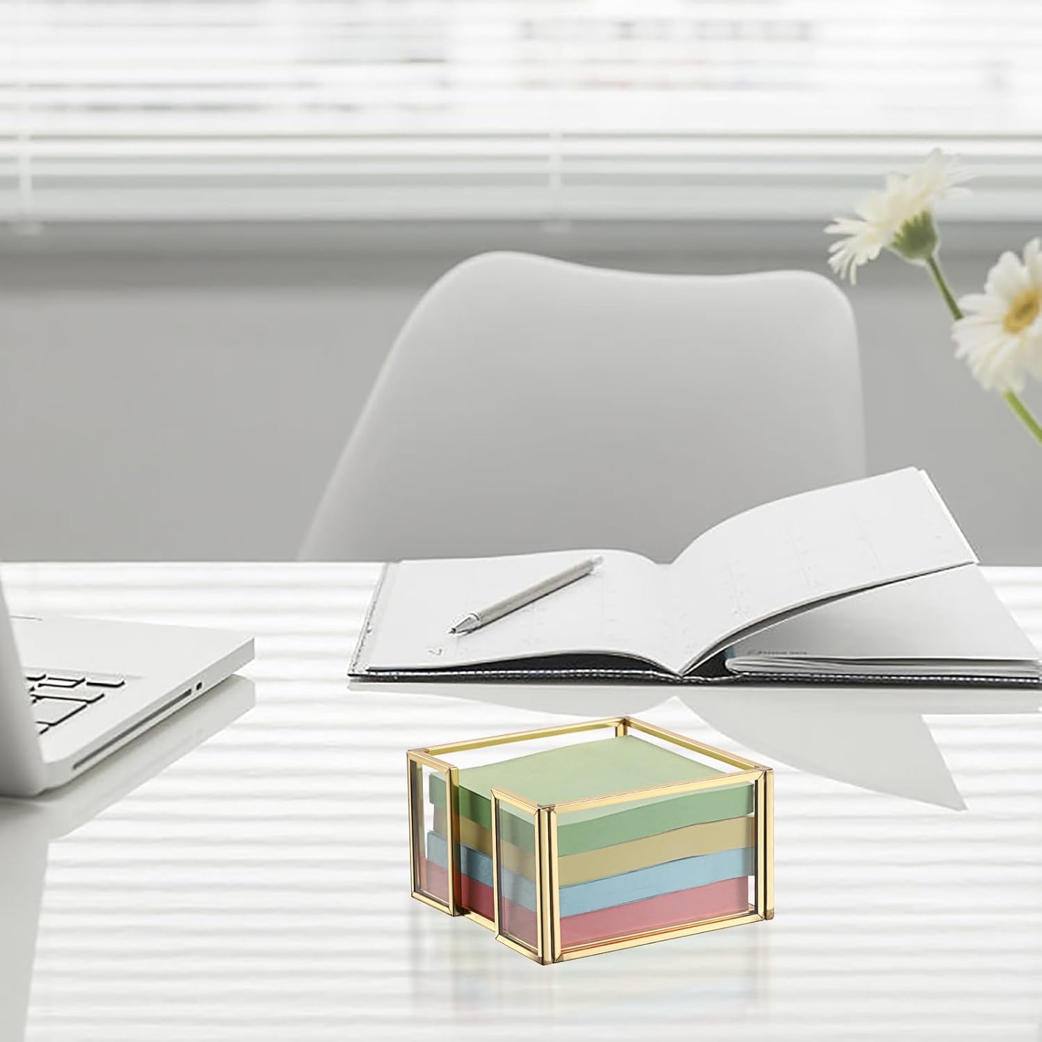 BTSKY Golden Glass Sticky Note Holder for 3x3 Inch Sticky Notes, Elegant Post It Note Dispenser with Non-Slip Pads Clear Notepad Holder for Desk Organization Planning, Home Office Decor