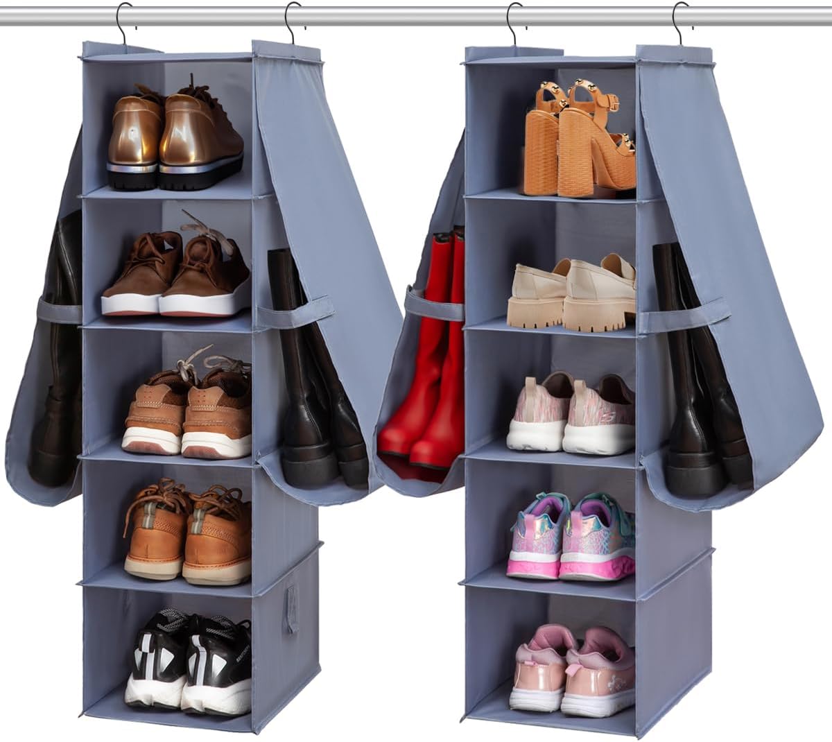Hanging Shoe Organizer for Closet Footwear Boots Storage Shelf | Hang Closet Organization Storing Shelves Rack Display Shoes Boots Clothes 10-Shelf 4 Pockets Space Saver Oxford Cloth 2 Pack