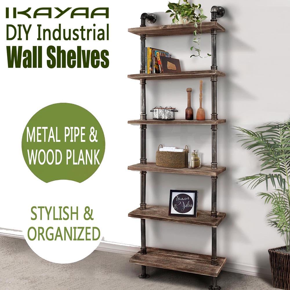 6 Tier Ladder Wall Shelf with Wood Planks, Industrial Iron Pipe Style Storage Rack for Living Room or Home Office