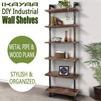 6 Tier Ladder Wall Shelf with Wood Planks, Industrial Iron Pipe Style Storage Rack for Living Room or Home Office