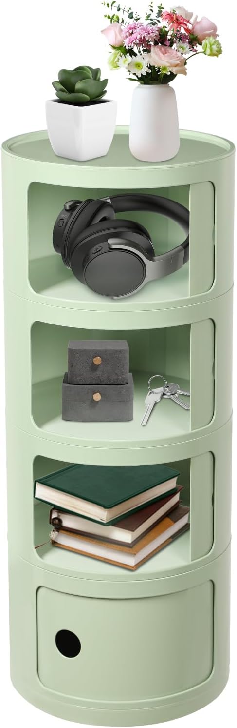 Round Nightstand, 4 Tier Circular Side Table with Sliding Doors, Modern Cylin...