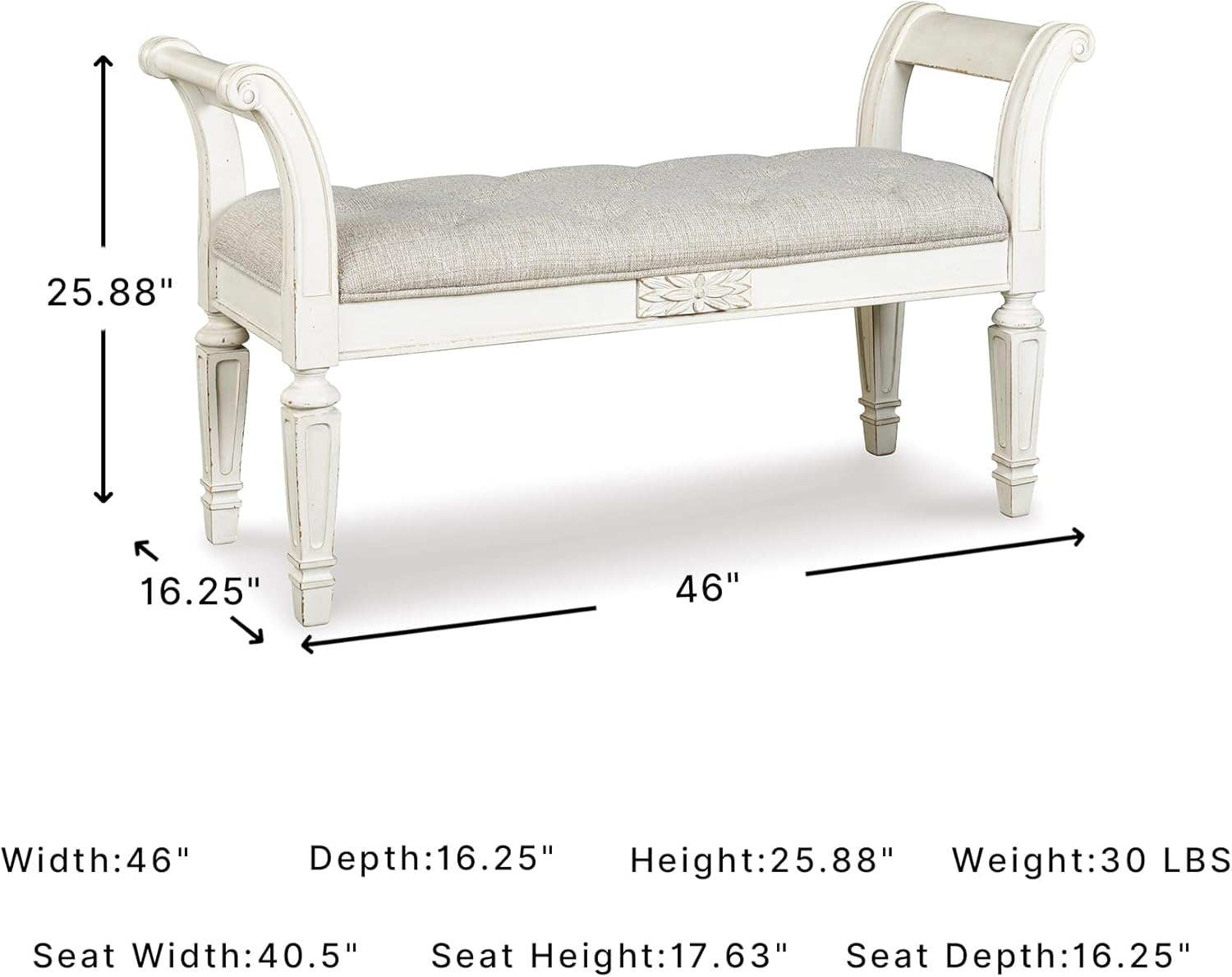 Signature Design by Ashley Realyn French Country Upholstered Tufted Accent Bench with Foam Cushion and Scrolled Arms, Wood Frame, 25.88" High, Antique White