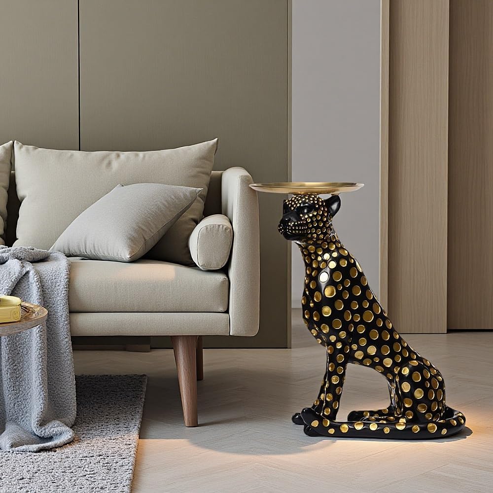 Luxury Panther Side Table with Tray, Fiberglass Resin Floor Sculpture, Decora...