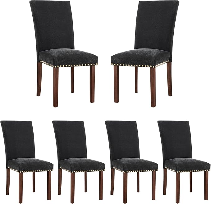 COLAMY Upholstered Parsons Dining Chairs Set of 6, Fabric Dining Room Kitchen Side Chair with Nailhead Trim and Wood Legs - F-Black
