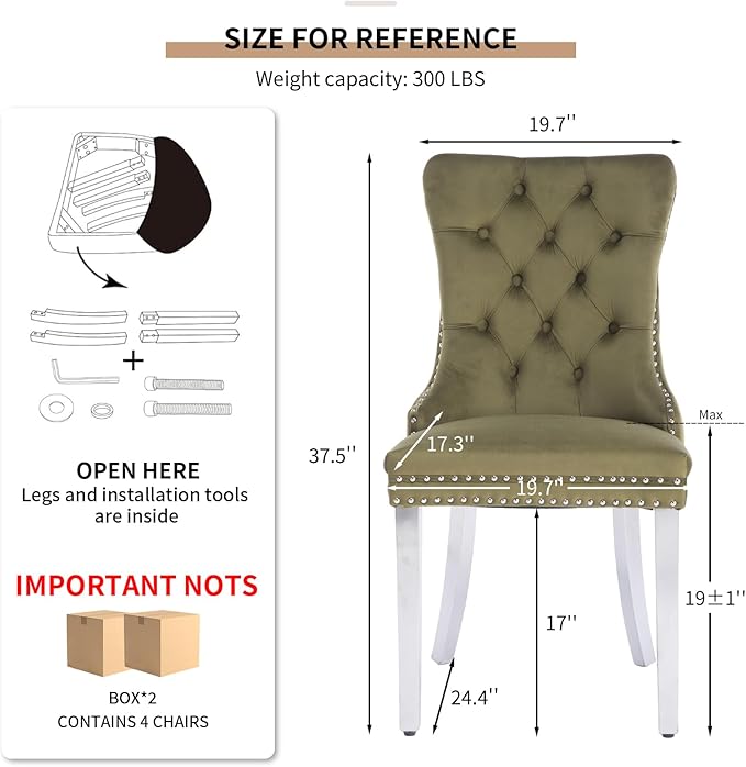 Mid Century Modern Dining Chairs Set of 4, Olive Velvet Upholstered Tufted Back, Kitchen & Dining Room Chairs, Brushed Silver Metal Legs, Nailhead Trim, Sillas para Comedor (Olive, 4 Pcs)