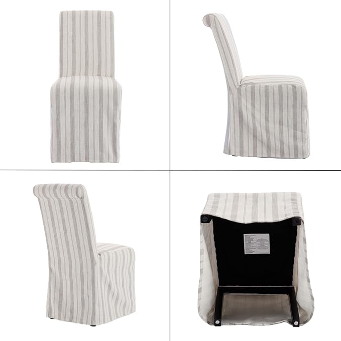 chairus Slipcovered Parsons Dining Chairs Set of 2, Upholstered Dining Room Chairs with Removable Linen Cover & High Back, Modern Farmhouse Wooden Side Kitchen Chairs, Khaki Stripe