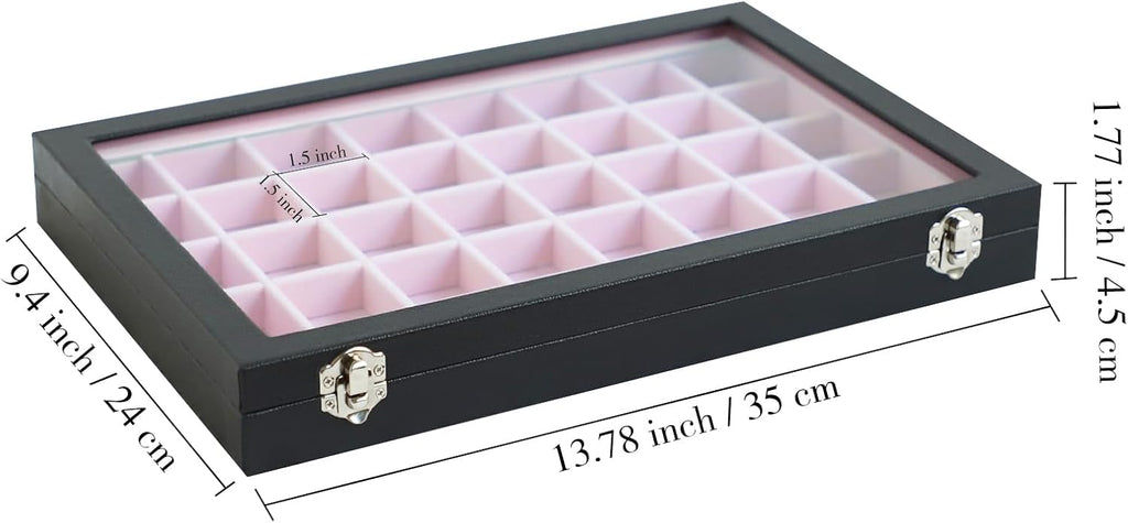 Stratalife Jewelry Organizer 40 Grid Pink Black Jewelry Tray with Clear Dust-proof Lid Velvet Earring Organizer Necklace Rings Holder Display Drawer Storage Case for Women