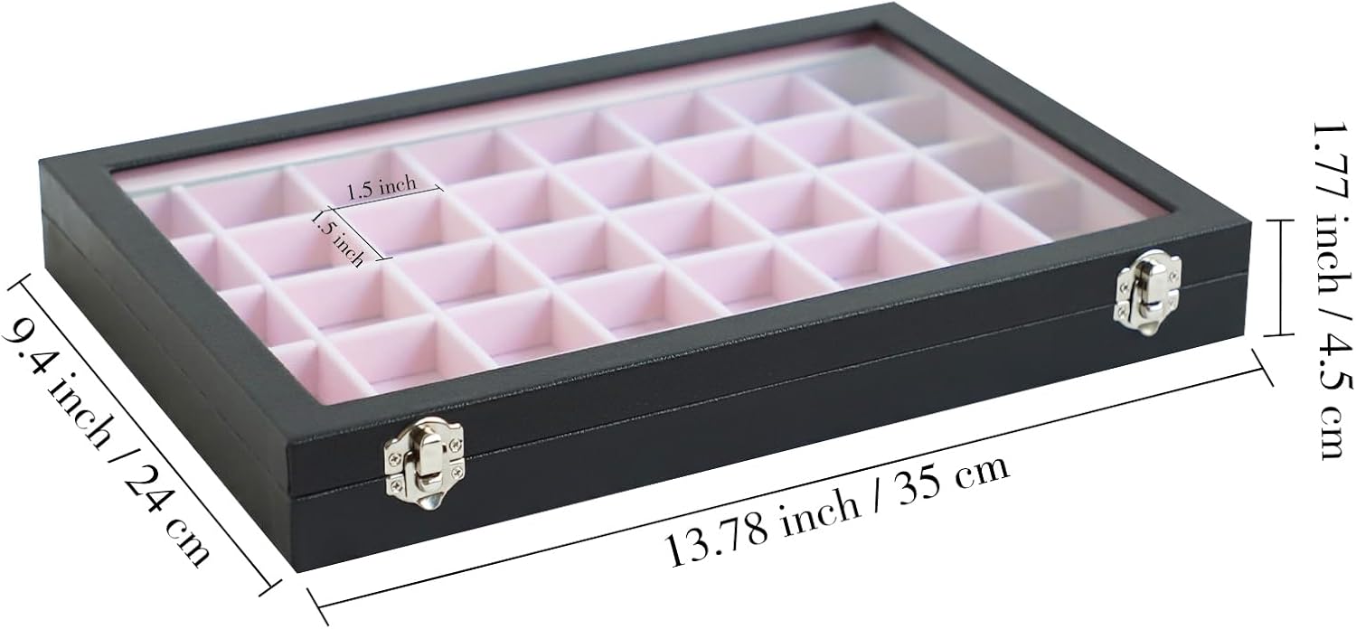 Stratalife Jewelry Organizer 40 Grid Pink Black Jewelry Tray with Clear Dust-proof Lid Velvet Earring Organizer Necklace Rings Holder Display Drawer Storage Case for Women