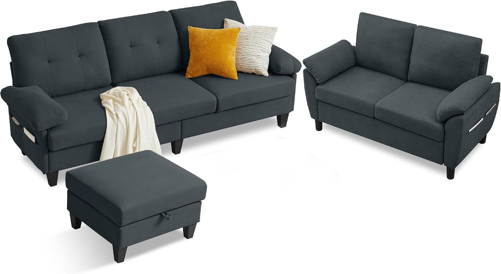 3 Piece Convertible Sectional Sofa Set, Modern Corduroy Small Couch with Mova...