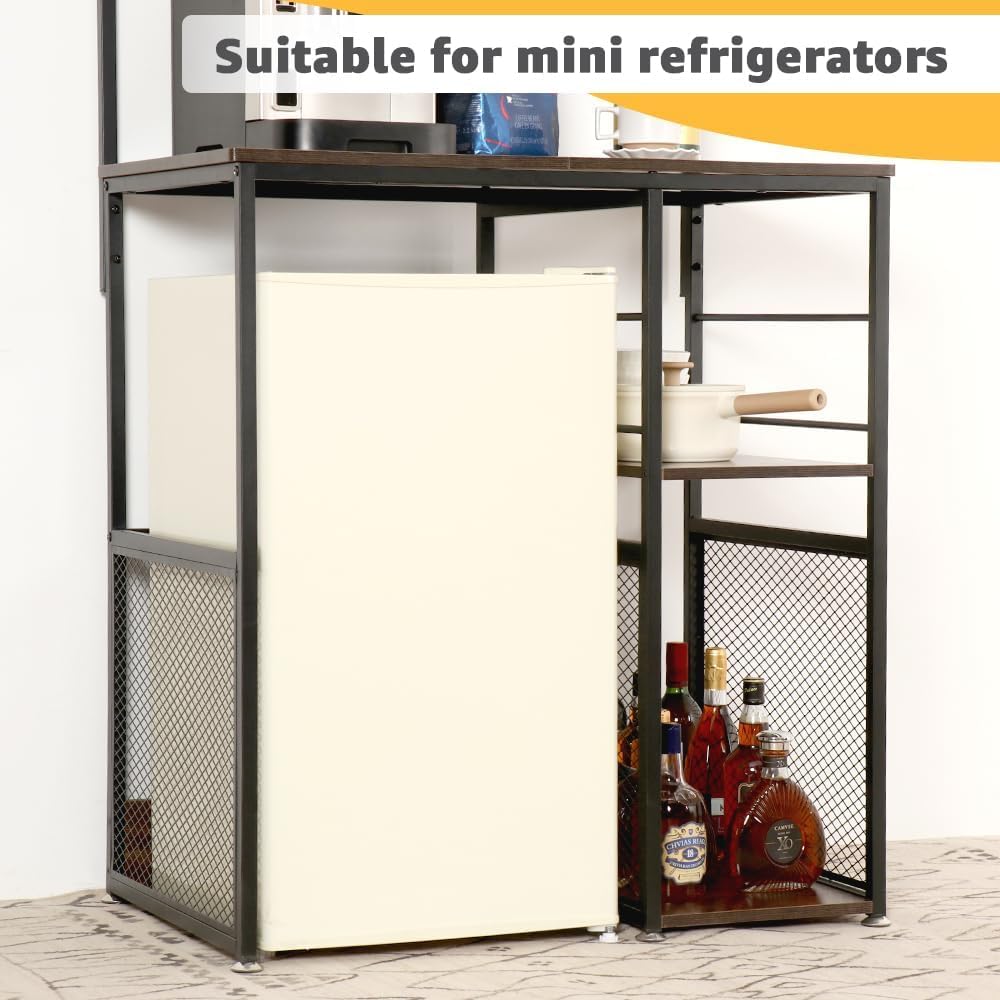 LUCKUP Mini Fridge Cabinet Microwave Stand with Shelf Storage, 4 Tiers Kitchen Bakers Rack with Adjustable Feet for Kitchen Dorm Space Saving, Rustic Brown