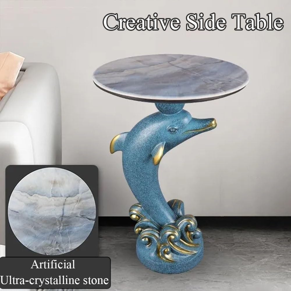 Dolphin Statue Side Table, Resin Pedestal End Table for Living Room, Ocean Co...
