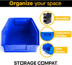 6-Pack Storage Bins, Wall Mount, Stackable & Freestanding, 12”x 8” x 6” Plastic Organizers, Utility Containers for Garage, Home, Workshop, Blue