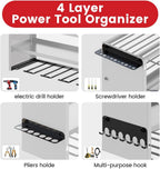 4 Layers Power Tool Organizer Wall Mount with Power Strip, Heavy Duty Metal Tool Shelf, 400lbs Capacity for Cordless Drills, Batteries & Garage Storage (12 Slots with 8 Outlets Power Strip)