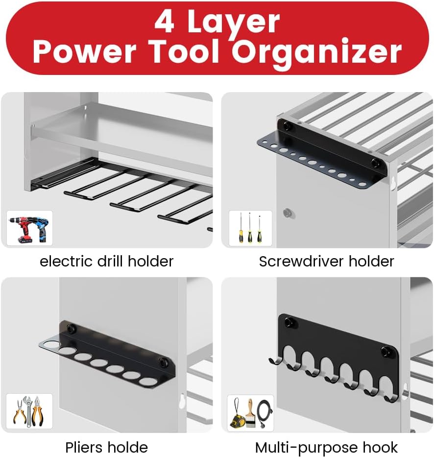4 Layers Power Tool Organizer Wall Mount with Power Strip, Heavy Duty Metal Tool Shelf, 400lbs Capacity for Cordless Drills, Batteries & Garage Storage (12 Slots with 8 Outlets Power Strip)