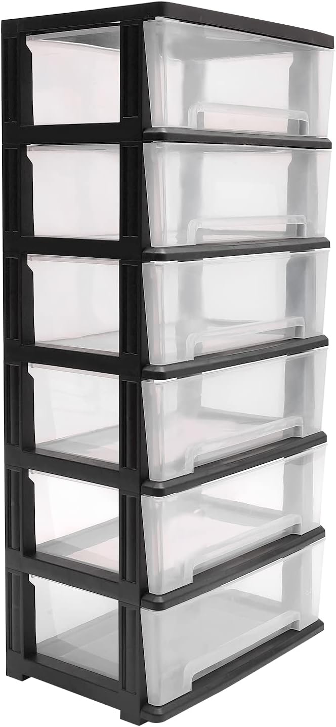 6 Clear Drawer Storage Organizer Rolling Cart,Heavy-Duty Storage Tower Plastic Cart Organizer for Closet,Living Room,Hallway, Dormitory (Black)
